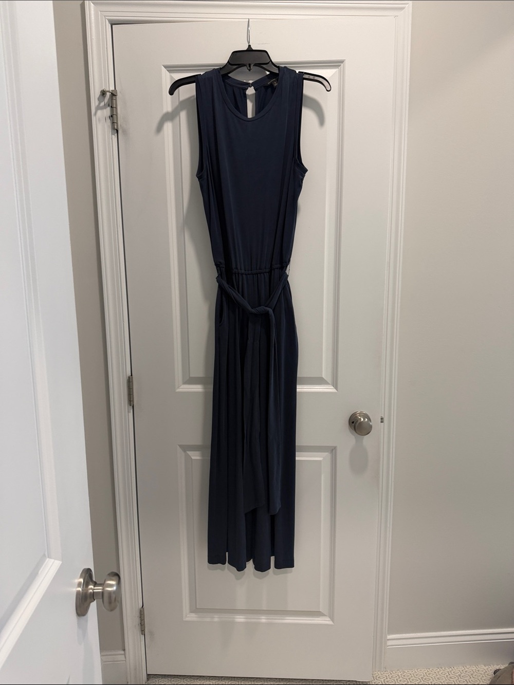 Sleeveless Navy Sand-Washed Jumpsuit with Tie Waist